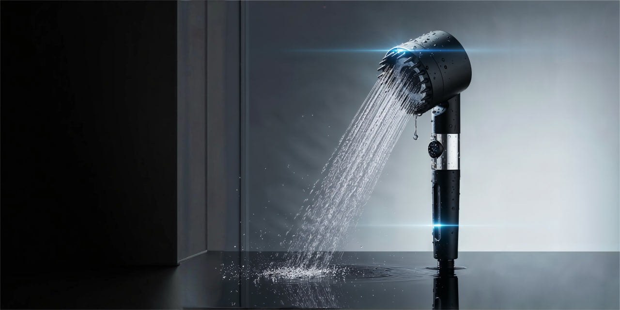 Black handheld shower head with water flowing in a dark shower setting